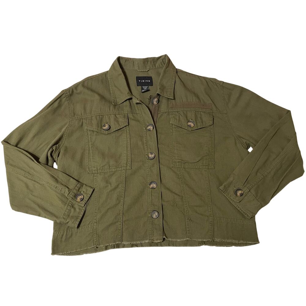 Timing Army Green Cropped Button Up Collared Two Pocket Cotton Utility Jacket Lg - Picture 11 of 11